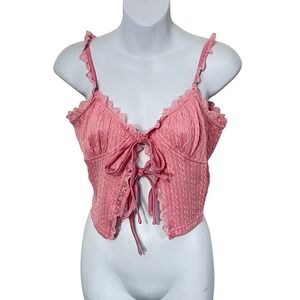 Sugar Thrillz Crop Top Women XL Pink Game Of Lust Tie Front Ruffle Cable Knit
